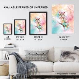 "Artery8 Owl on Branch Portrait Pastel Rainbow Watercolour Framed Art Print - Size: W12"" x H16""" - thumbnail 3