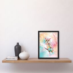 "Artery8 Owl on Branch Portrait Pastel Rainbow Watercolour Framed Art Print - Size: W12"" x H16""" - thumbnail 4