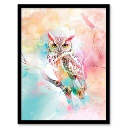 "Artery8 Owl on Branch Portrait Pastel Rainbow Watercolour Framed Art Print - Size: W12"" x H16""" - thumbnail 1