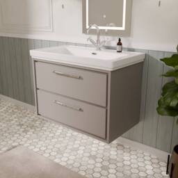 Balterley Modern Wall Hung 2-Drawer Bathroom Vanity, Fireclay Basin, Grey, 800mm in Grey - thumbnail 4