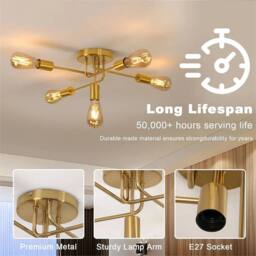 Nordara Ceiling Light 5 Arms Chandeliers Gold Industrial Fitting Living Room - thumbnail 4