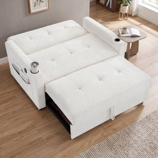BTM 2 Seater Pull Out Sofa Bed Cup Holders Sleeper Loveseat in Off-White - image 1