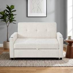 BTM 2 Seater Pull Out Sofa Bed Cup Holders Sleeper Loveseat in Off-White - thumbnail 5