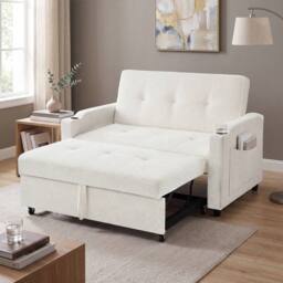 BTM 2 Seater Pull Out Sofa Bed Cup Holders Sleeper Loveseat in Off-White - thumbnail 7