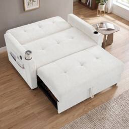 BTM 2 Seater Pull Out Sofa Bed Cup Holders Sleeper Loveseat in Off-White - thumbnail 1