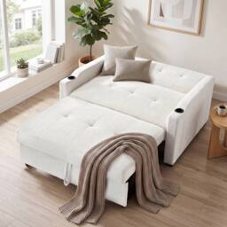 BTM 2 Seater Pull Out Sofa Bed Cup Holders Sleeper Loveseat in Off-White - thumbnail 6