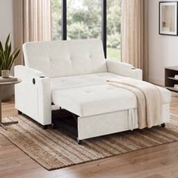 BTM 2 Seater Pull Out Sofa Bed Cup Holders Sleeper Loveseat in Off-White - thumbnail 3