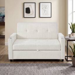 BTM 2 Seater Pull Out Sofa Bed Cup Holders Sleeper Loveseat in Off-White - thumbnail 2