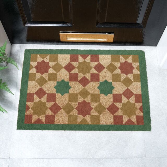 Artsy Mats Green Moroccan Tile Pattern Coir Doormat (60 x 40cm) in Brown - Size: 40 cm x 60 cm - image 1