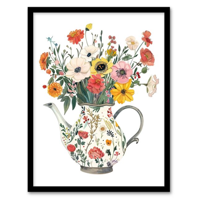 Artery8 Flower Bouquet in Rustic Floral Teapot Vase Framed Art Print - Size: A4 - image 1