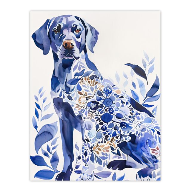 "Artery8 Dog Lover Labrador With Ornate Floral Pattern Fur Wall Art Print in Blue - Size: W24"" x H32""" - image 1