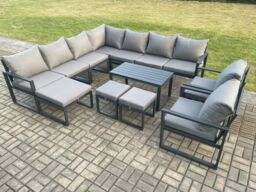 Fimous Aluminium Outdoor Garden Furniture Set Lounge Corner Sofa Oblong Coffee Table 2 Pcs Chair Sets with 3 Footstools Dark Grey - thumbnail 2