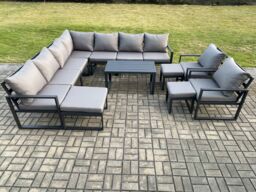 Fimous Aluminium Outdoor Garden Furniture Set Lounge Corner Sofa Oblong Coffee Table 2 Pcs Chair Sets with 3 Footstools Dark Grey - thumbnail 1