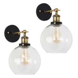 ValueLights Sheridan Pair of Industrial Amber Glass Bowl Gold Trim Black Wall Lights in Clear - thumbnail 3