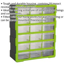 Loops 375 x 165 x 470mm 18 Drawer Parts Cabinet - GREEN - Wall Mounted / Standing Box - thumbnail 2
