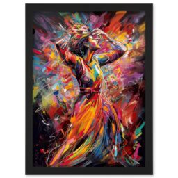 Artery8 Happy Woman Dancing to Music Modern Vibrant Colour Artwork Framed Wall Art Print A4 in Black - thumbnail 1