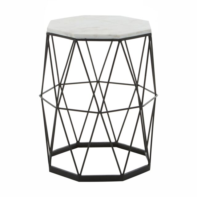 Orsina Side Table With Octagonal Top, White Marble Inset With Sublime Veining, Geometric Black Iron Frame - image 1