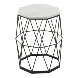 Orsina Side Table With Octagonal Top, White Marble Inset With Sublime Veining, Geometric Black Iron Frame - thumbnail 5