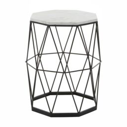 Orsina Side Table With Octagonal Top, White Marble Inset With Sublime Veining, Geometric Black Iron Frame