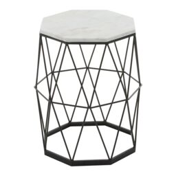 Orsina Side Table With Octagonal Top, White Marble Inset With Sublime Veining, Geometric Black Iron Frame - thumbnail 2