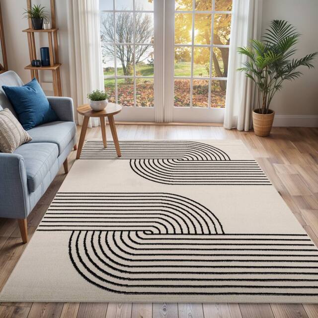 Livabliss Pisa-Modern Off-White Black Graphic Living Dining Bedroom Rug in Beige - Size: 140 cm x 200 cm - image 1