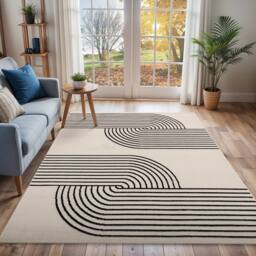 Livabliss Pisa-Modern Off-White Black Graphic Living Dining Bedroom Rug in Beige - Size: 140 cm x 200 cm - thumbnail 1