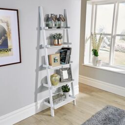 Home Source Ladder Shelf Bookcase 5 Tier Storage Shelving Display Stand Wall Rack in White - thumbnail 2