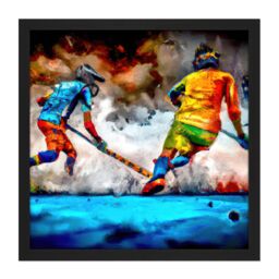 "Artery8 Wall Art Print Field Hockey Players Action Abstract Oil Painting Square Framed Picture 16X16 Inch in Black - Size: W16"" x H16""" - thumbnail 1