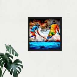 "Artery8 Wall Art Print Field Hockey Players Action Abstract Oil Painting Square Framed Picture 16X16 Inch in Black - Size: W16"" x H16""" - thumbnail 2