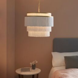 Loops Gold Multi Arm Ceiling Pendant Light - White Tassels - Diffused Light Effect in Clear - thumbnail 3