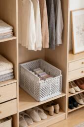 ExtraStar Space-Saving Stackable Storage Basket with Shirt Folders in Off-White