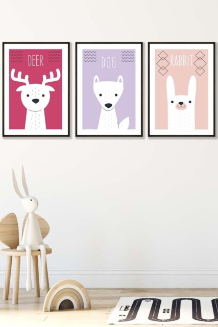 ARTZE Women's Scandi Nursery Forest Animals Pink Lilac Framed Wall Art - Medium in Black - Size: W45 cm x H62 cm x D20mm - image 1