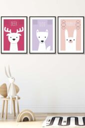 ARTZE Women's Scandi Nursery Forest Animals Pink Lilac Framed Wall Art - Medium in Black - Size: W45 cm x H62 cm x D20mm - thumbnail 1