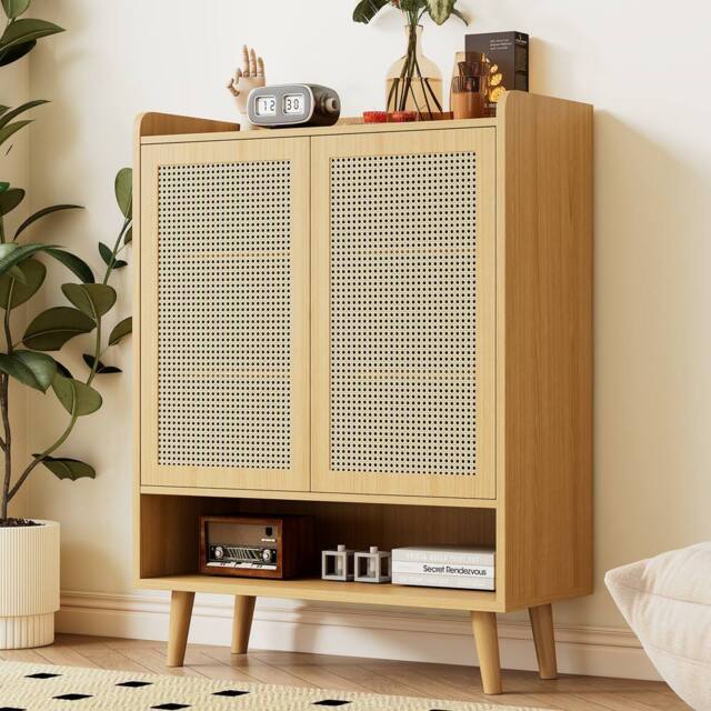 Merax Light Oak Rattan 5 Tier Shoe Storage Cabinet, Entryway Storage - image 1