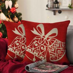 Velosso Merry Bells Filled Christmas Cushion in Red - Size: 56 cm x 56 cm - thumbnail 1