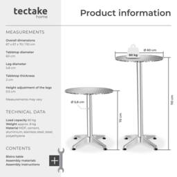 tectake Aluminum Bistro Table Frederic Ø 60 Cm, Height-Adjustable Frederic in Silver - Size: 4 Person - thumbnail 6