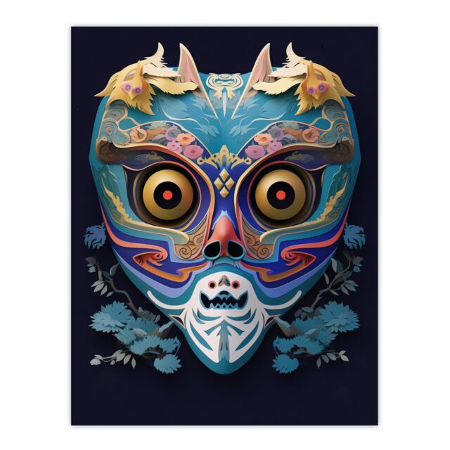 Artery8 Wall Art Print Noh Theatre Mask Painting Colourful Intricate Details Floral Designs Supernatural Japan Creature Portrayal Forest Deity Role - image 1
