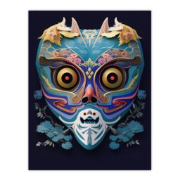 Artery8 Wall Art Print Noh Theatre Mask Painting Colourful Intricate Details Floral Designs Supernatural Japan Creature Portrayal Forest Deity Role - thumbnail 1