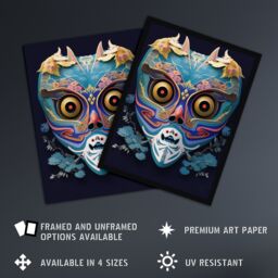 Artery8 Wall Art Print Noh Theatre Mask Painting Colourful Intricate Details Floral Designs Supernatural Japan Creature Portrayal Forest Deity Role - thumbnail 2