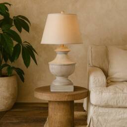 Wyld Haus Rochefort Grey Washed Wooden Table Lamp with Cream Linen Shade in Light Grey