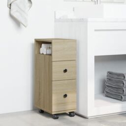 Berkfield Home Narrow Bathroom Cabinet with Wheels Sonoma Oak Engineered Wood in Brown - thumbnail 3