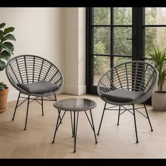 Home Republic 3 Piece Black Rattan Bistro Set with Cushions & Glass Table for Balcony or Patio - Size: 26.4L