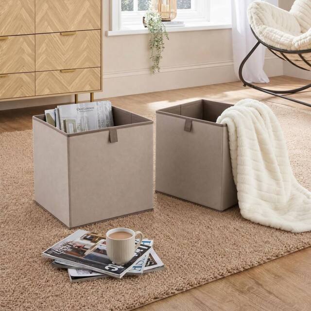 OHS 2 x Matte Velvet Cube Storage Box Folding Organiser Home Decor in Taupe - image 1