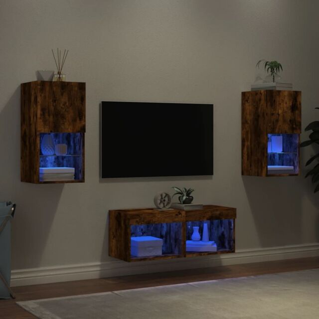 Berkfield Home 4 Piece TV Wall Cabinets with LED Lights Smoked Oak in Brown - image 1