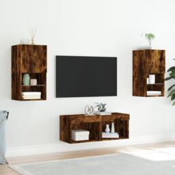 Berkfield Home 4 Piece TV Wall Cabinets with LED Lights Smoked Oak in Brown - thumbnail 4