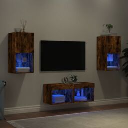 Berkfield Home 4 Piece TV Wall Cabinets with LED Lights Smoked Oak in Brown - thumbnail 1