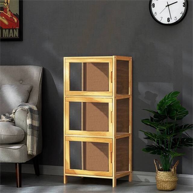VOGREX Acrylic Door Bamboo Display Shelf 3-Tier Model Organizer in Brown - image 1