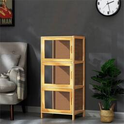 VOGREX Acrylic Door Bamboo Display Shelf 3-Tier Model Organizer in Brown