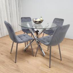 KOSY KOALA Clear Glass Round Chrome Legs Table 4 Grey Velvet Chairs Dining Room - thumbnail 1