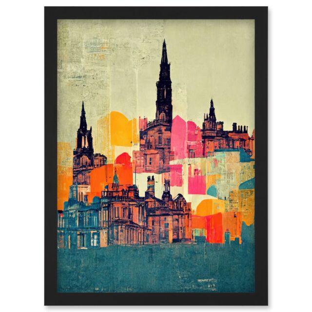 Artery8 Boho Abstract Multi Coloured Cityscape Skyline Painting Folk Art Artwork Framed Wall Art Print A4 in Black - image 1